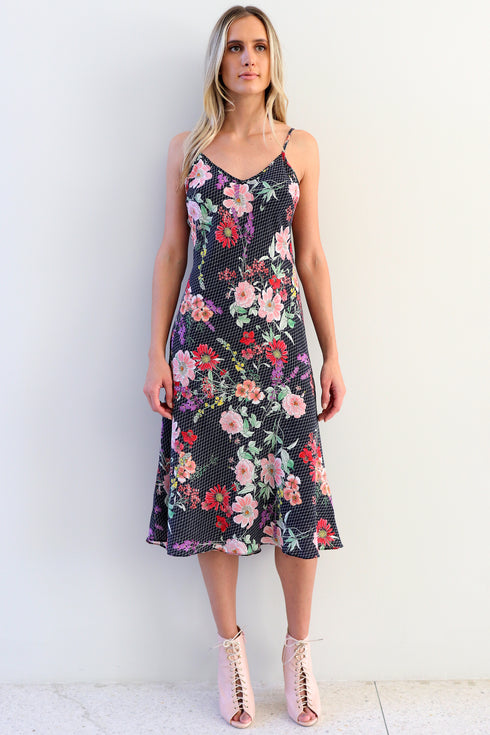 Shalom "Fishnet Floral" Bias Cut Silk Slip Dress